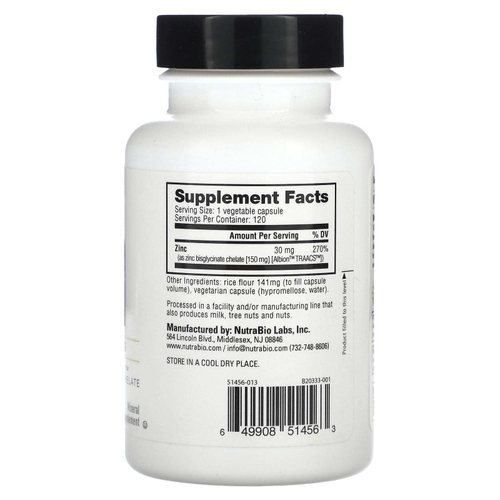 NutraBio, Zn, цинк, 30 мг, 120 капсул