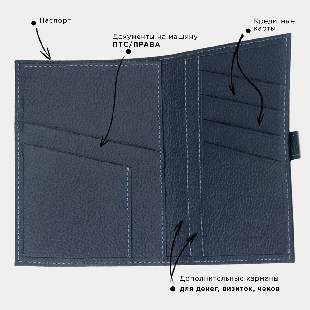 Обложка для паспорта и автодокументов из натуральной кожи теленка, синего цвета