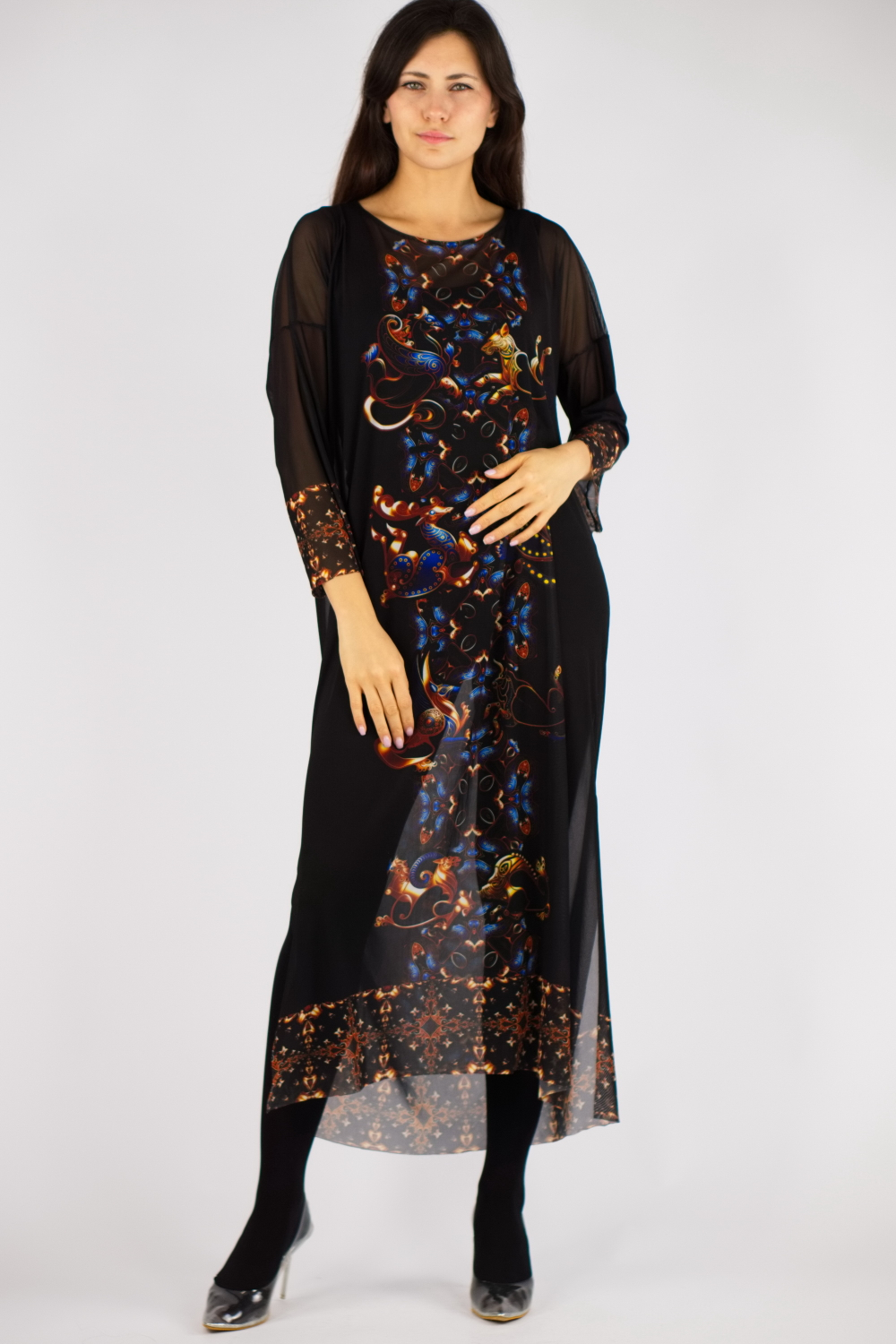 Платье-туника из сетки "Загадки скифов", принт по мотивам скифских татуировок, по материалам раскопок Пазырыкских курганов