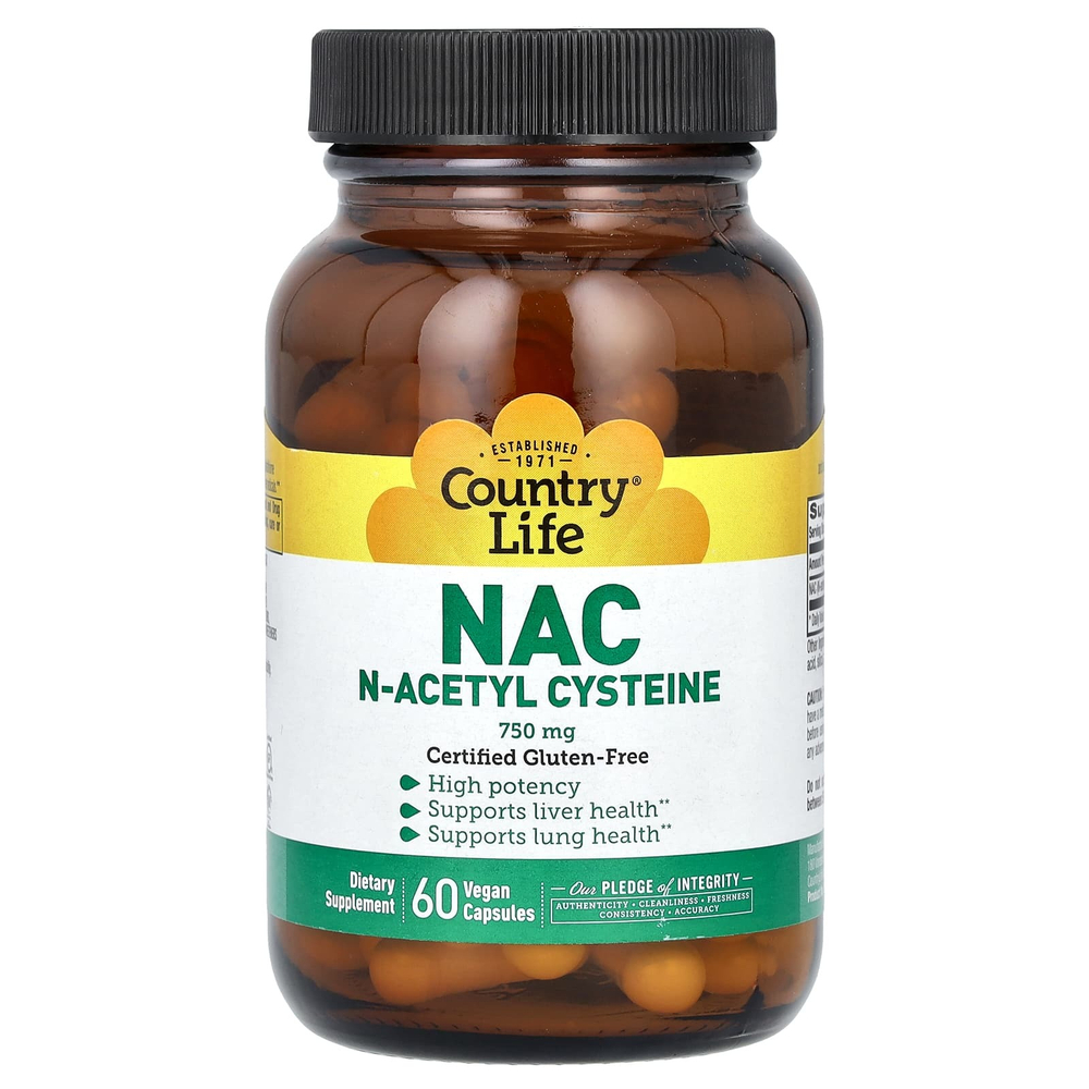Country Life, NAC, N-ацетилцистеин, 750 мг, 60 веганских капсул