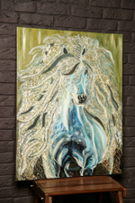 Интерьерная картина" Единорог" на усиленном галерейном холсте с зеркальными элементами и природными полудрагоценными кристалламии