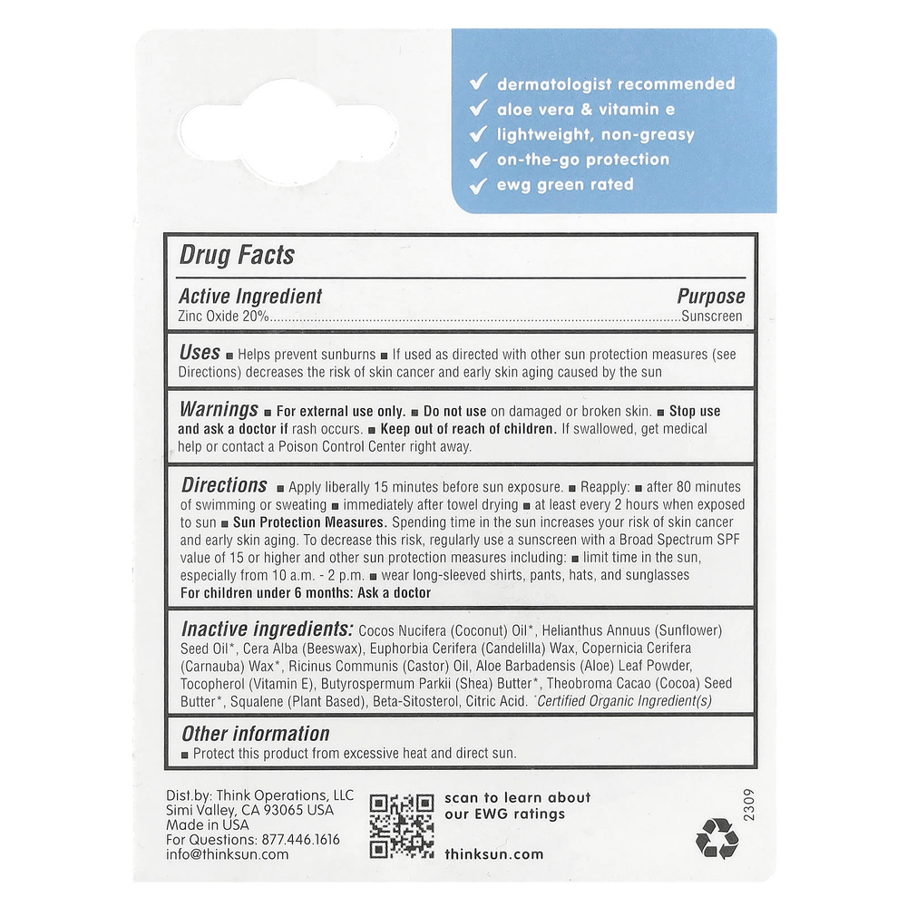 think, Thinksport, солнцезащитный карандаш, фактор защиты от солнца 30, 0,64 унции (18,4 г)