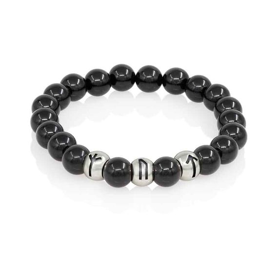 Браслет Защита и сила из натурального кварца черного с рунами Альгиз, Уруз и Тейваз из серебра 925, вид 1