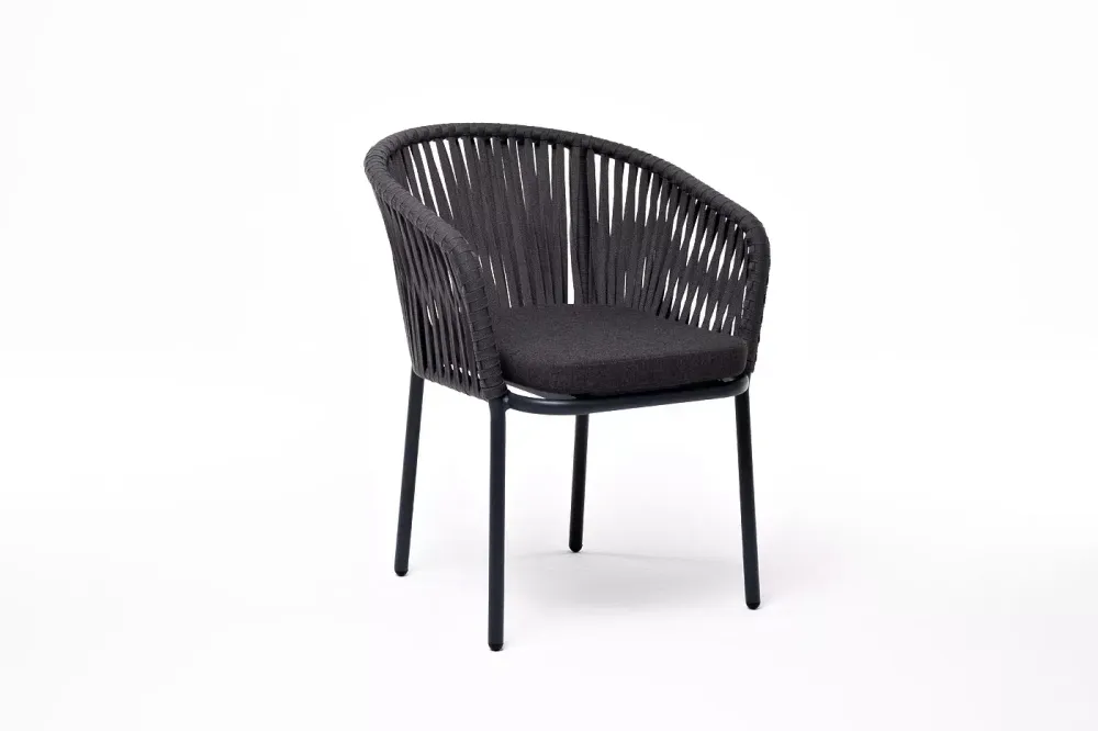 "Бордо" стул плетеный из роупа, каркас алюминий темно-серый (RAL7024) шагрень, роуп серый 15мм, ткань темно-серая 027