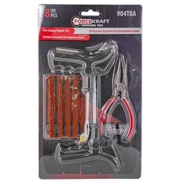 Набор инструментов для ремонта шин 8пр.(шило,протяжка,шнуры-5шт,утконосы), в блистере FORCEKRAFT FK-904T8A