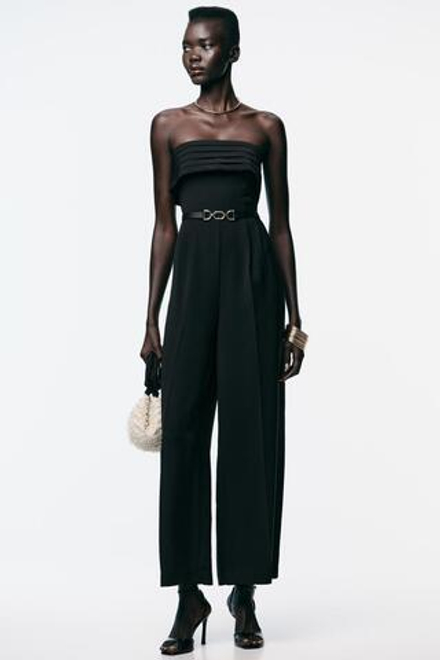 ZARA КОМБИНЕЗОН-БЮСТЬЕ ИЗ КРЕПА С ПОЯСОМ, ЧЕРНЫЙ
