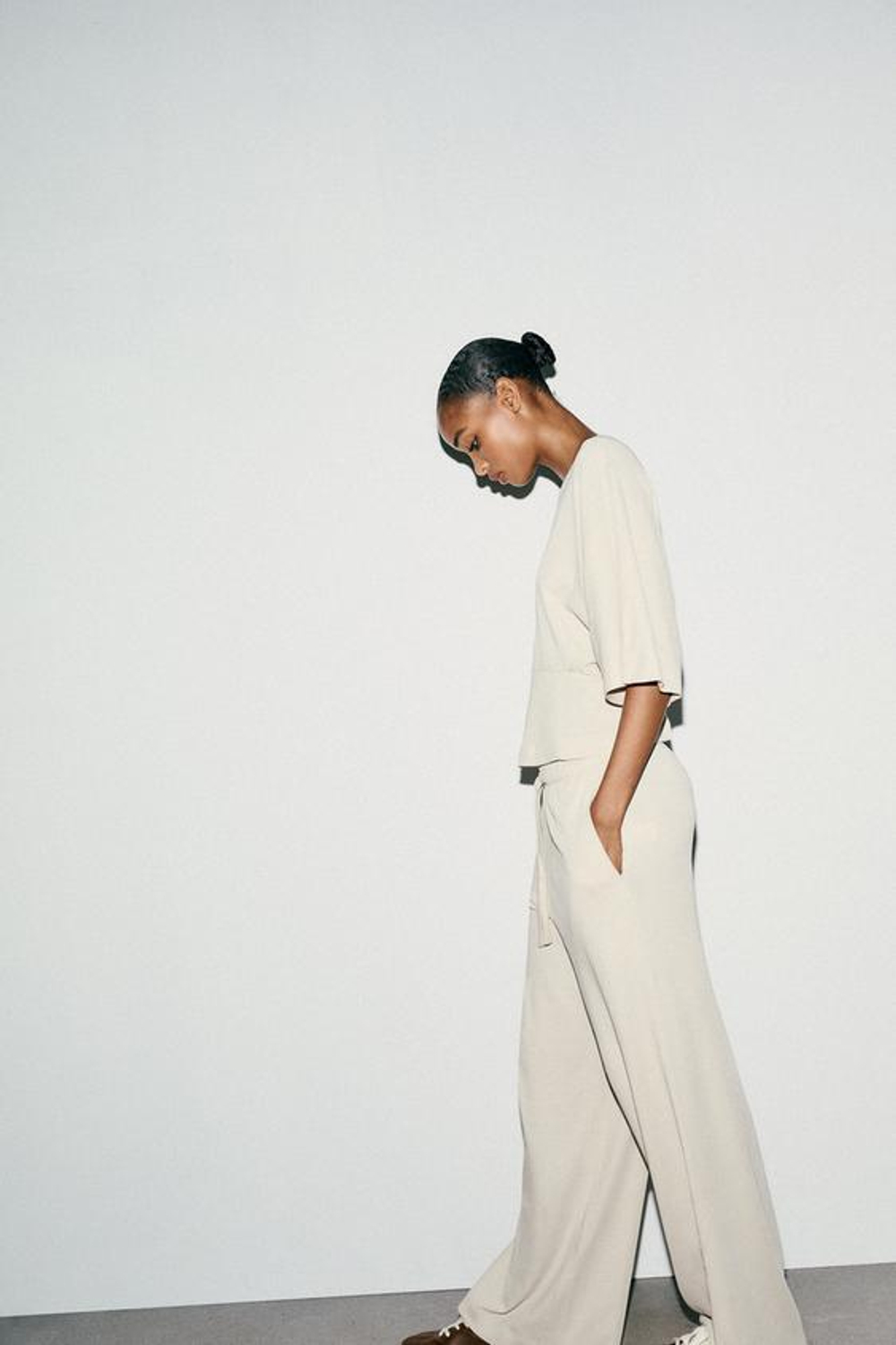 ZARA ПРЯМЫЕ ХЛОПКОВЫЕ БРЮКИ, ЭКРЮ