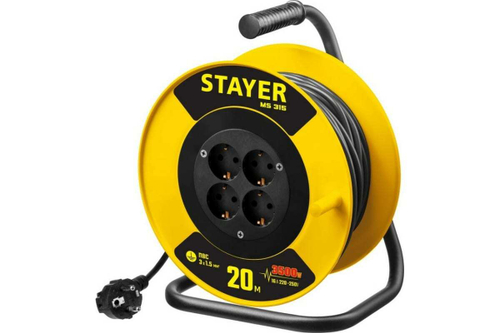 Удлинитель на катушке Stayer MS 315, 20 м, 3500 Вт, заземление, 4 гнезда, ПВС 3x1,5 кв мм, 55078-20