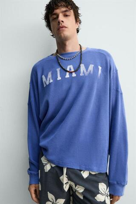 ZARA ФУТБОЛКА ВАФЕЛЬНОГО ПЕРЕПЛЕТЕНИЯ MIAMI, СИНИЙ