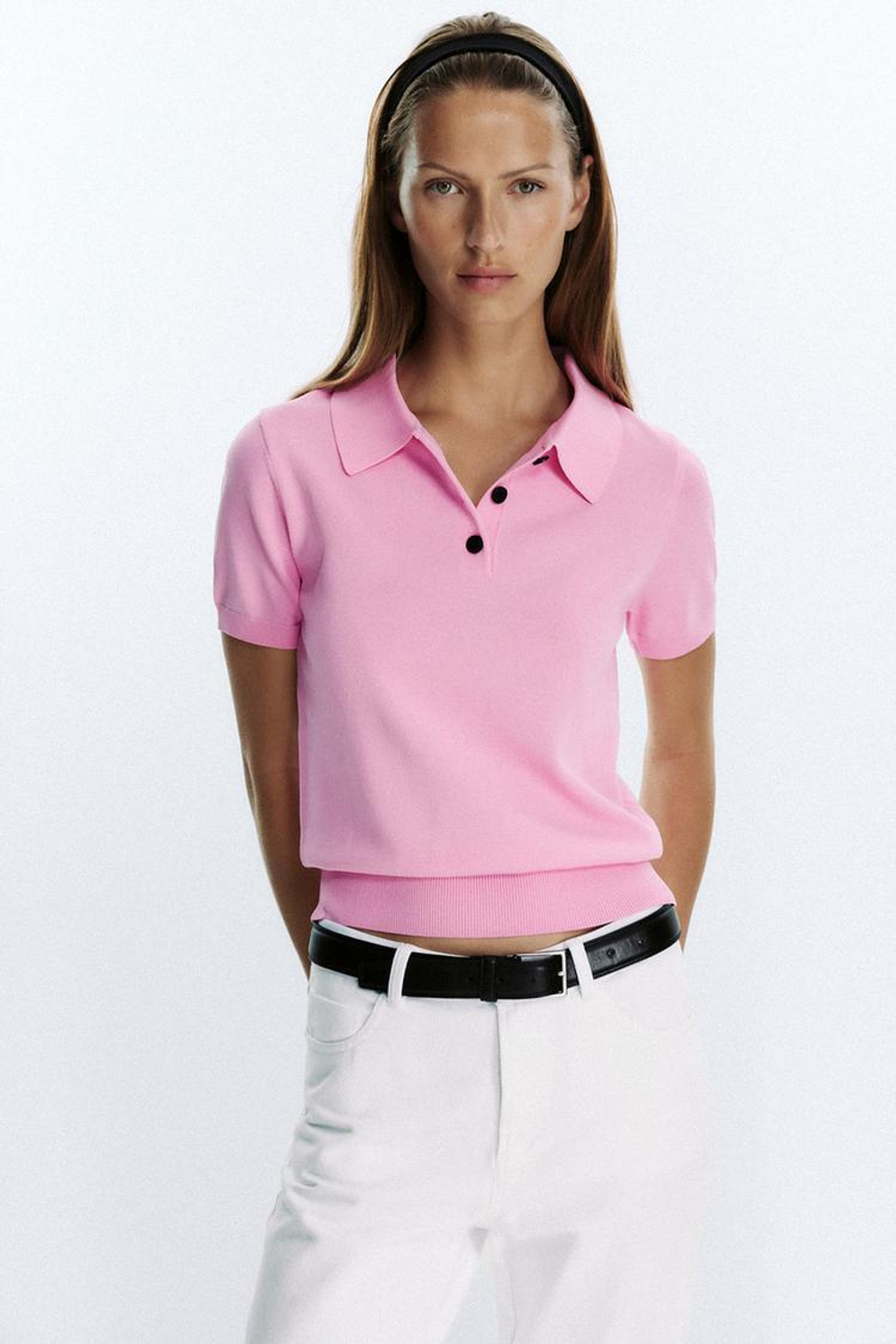 ZARA ТРИКОТАЖНЫЙ ТОП-ПОЛО С КОРОТКИМИ РУКАВАМИ, МЯГКИЙ РОЗОВЫЙ