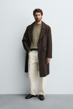 ZARA ПАЛЬТО RELAXED FIT ИЗ СМЕСОВОЙ ШЕРСТИ, КОРИЧНЕВЫЙ