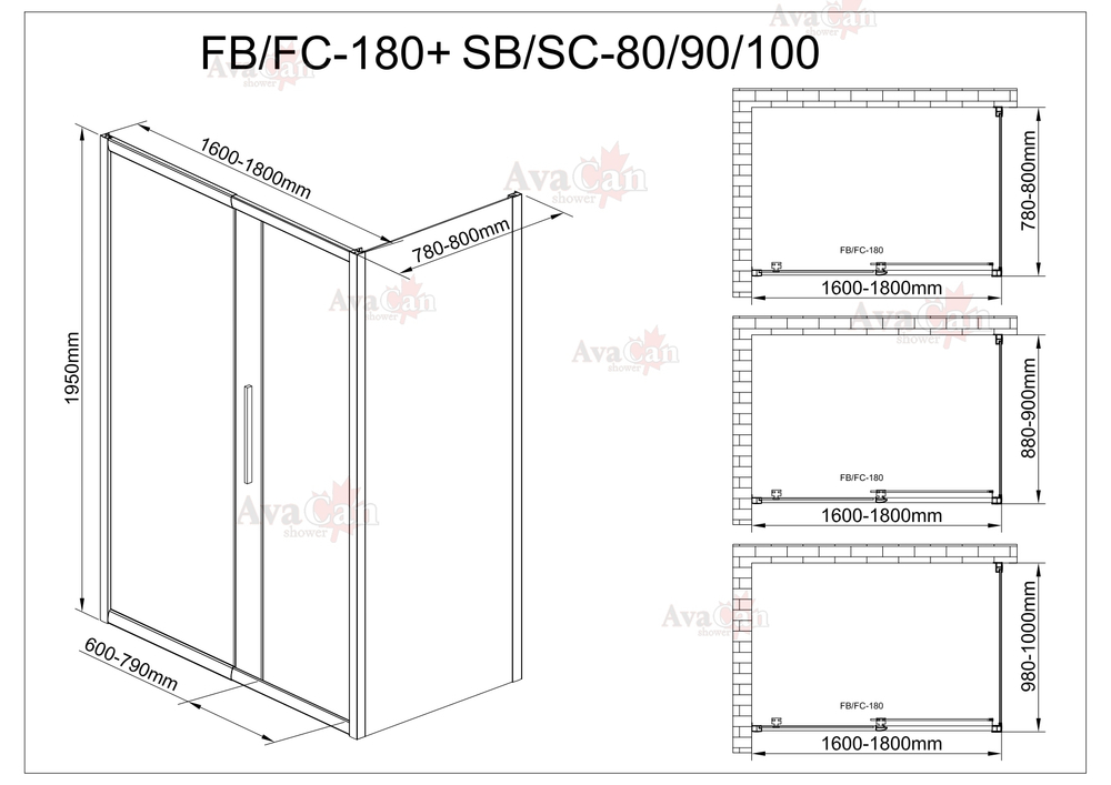 Душевой уголок AvaCan FB 160-180 + SB 80 MT