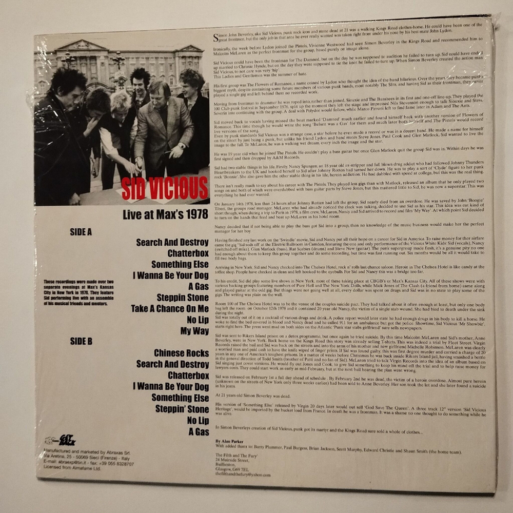 Винтажная виниловая пластинка LP Sid Vicious (Sex Pistols) Live At Maxs 1978 (Italy 2000)