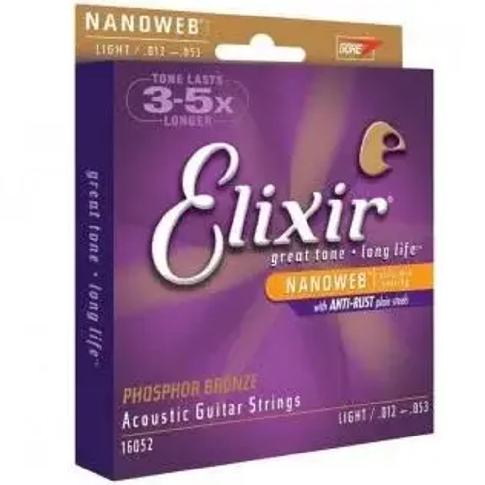 Elixir 16052 NanoWeb струны для акустической гитары Light, фосфорная бронза, 012-053.
