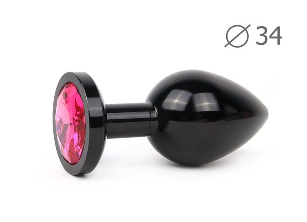 Коническая черная анальная втулка с малиновым кристаллом - 8,2 см. (Цвет: малиновый)