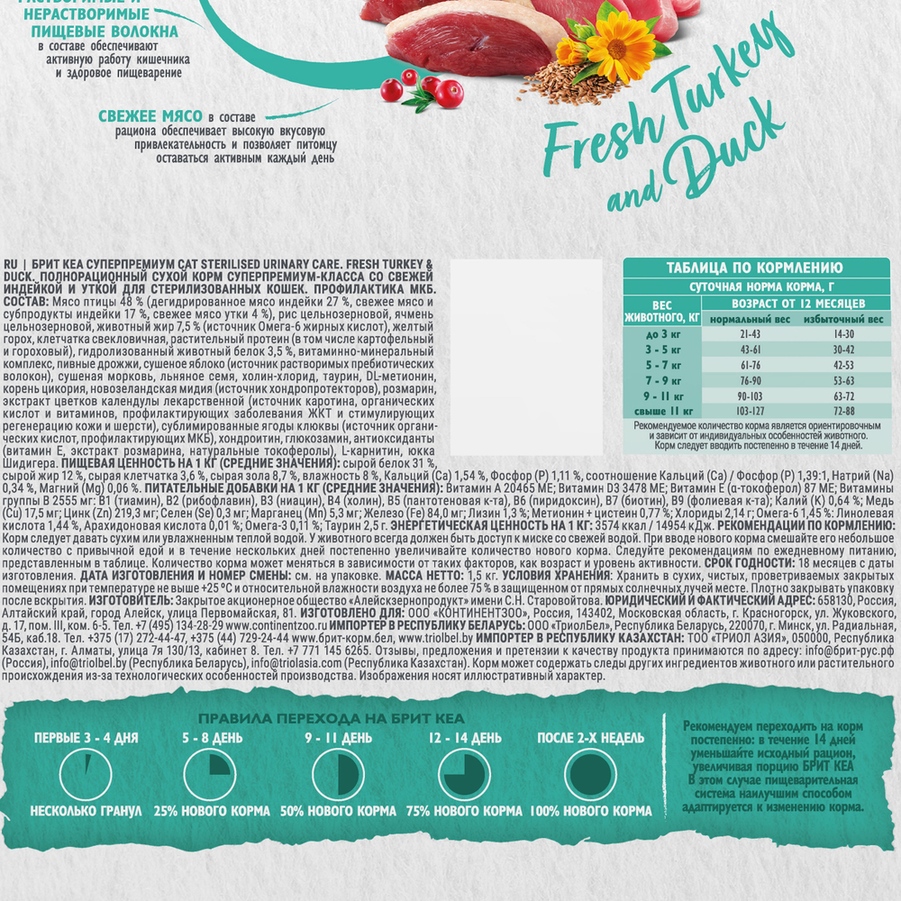 Сухой корм Брит Кеа STERILISED URINARY CARE с индейкой и уткой для стерилизованных кошек 1,5 кг