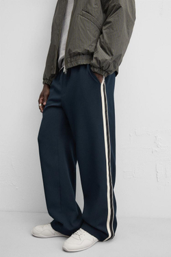 ZARA БРЮКИ ИЗ ВЫСОКОТЕХНОЛОГИЧНОЙ ТКАНИ С ЛАМПАСАМИ, МОРСКОЙ ТЕМНО-СИНИЙ