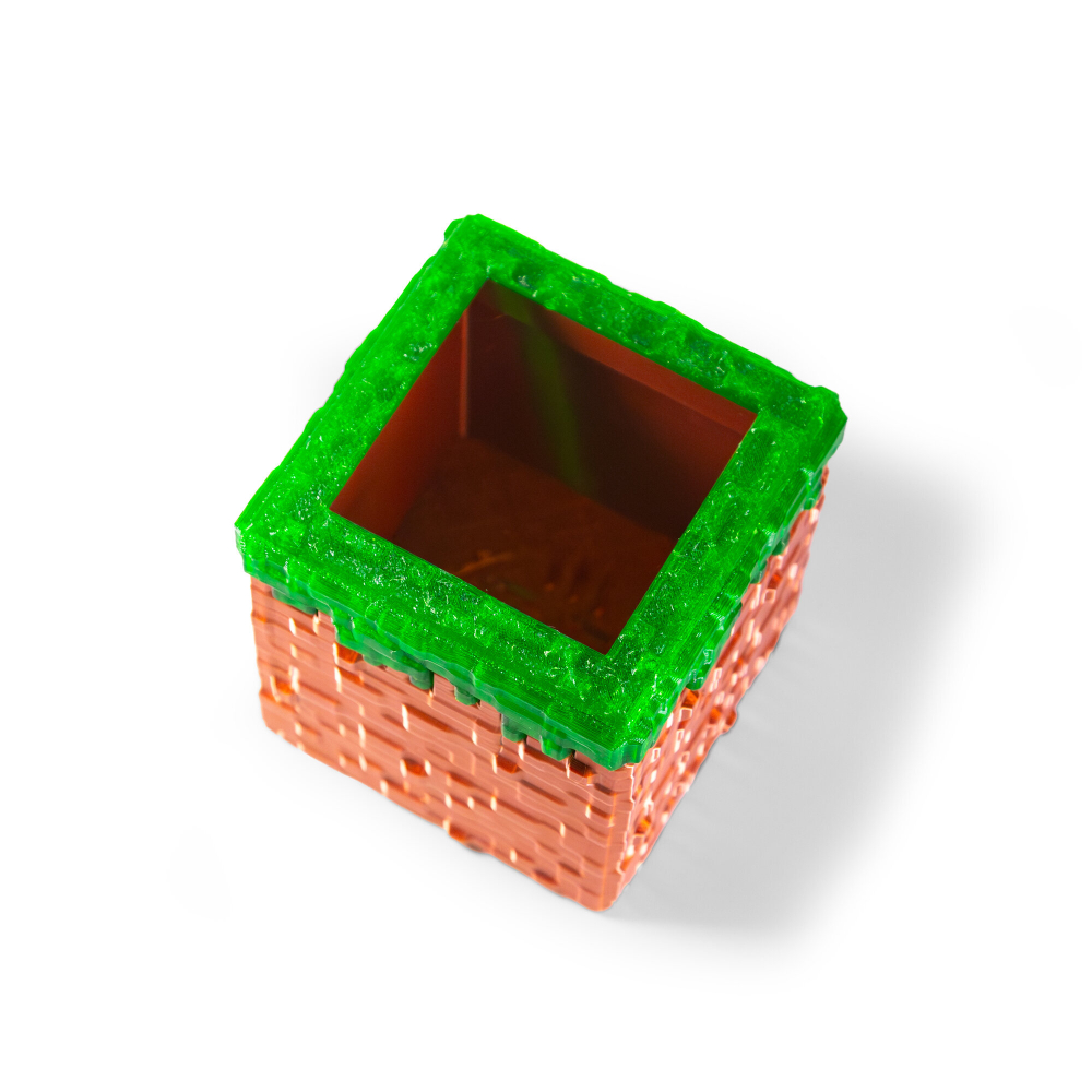 Подставка для карандашей "Minecraft" Майнкрафт в виде травяного блока, 3D печать, 8х7.5х7.5см, медно-зеленый