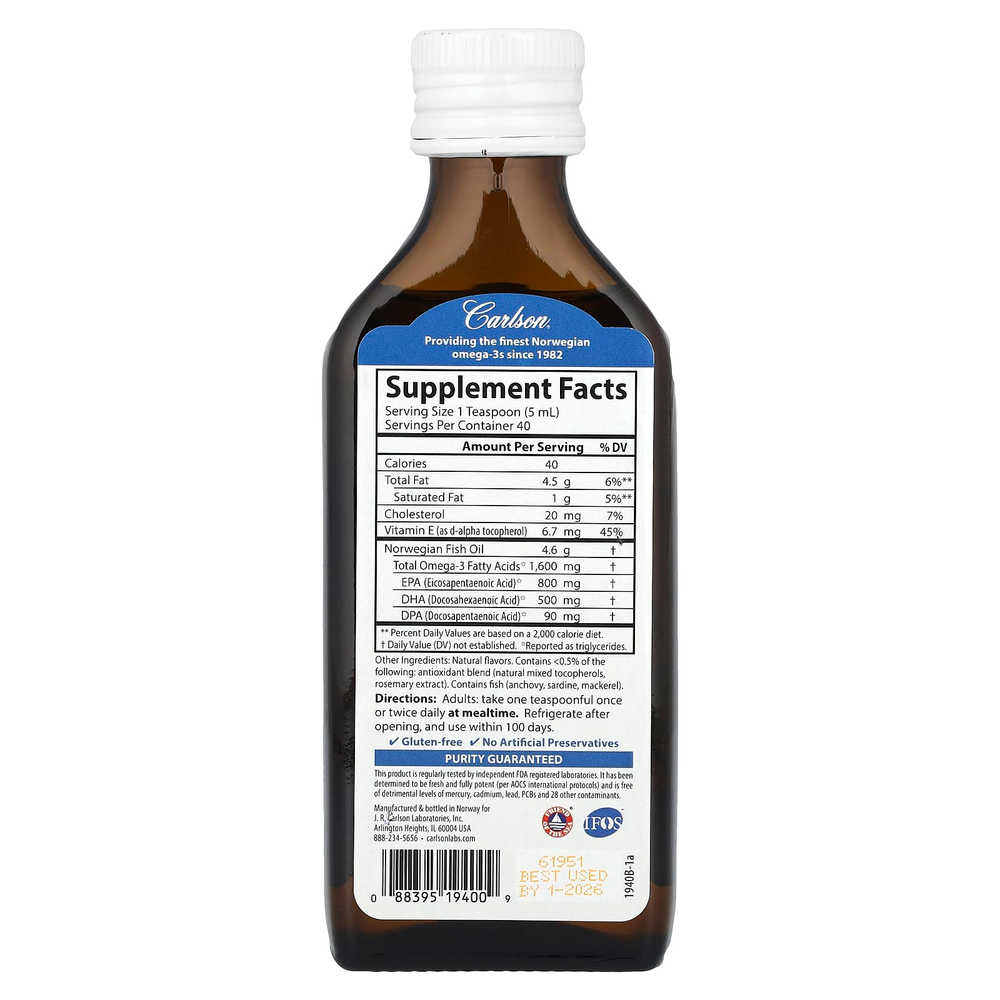 Carlson, Norwegian, рыбий жир высшего качества, персиковый, 200 мл (6,7 жидк. Унции)