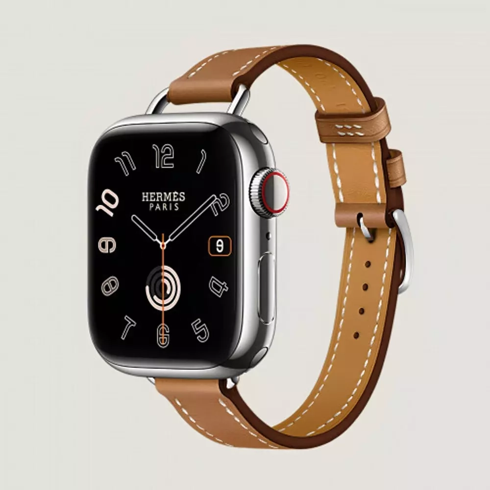 Apple Watch Series 9 Hermes 41 mm, тонкий кожаный ремешок коричневого цвета