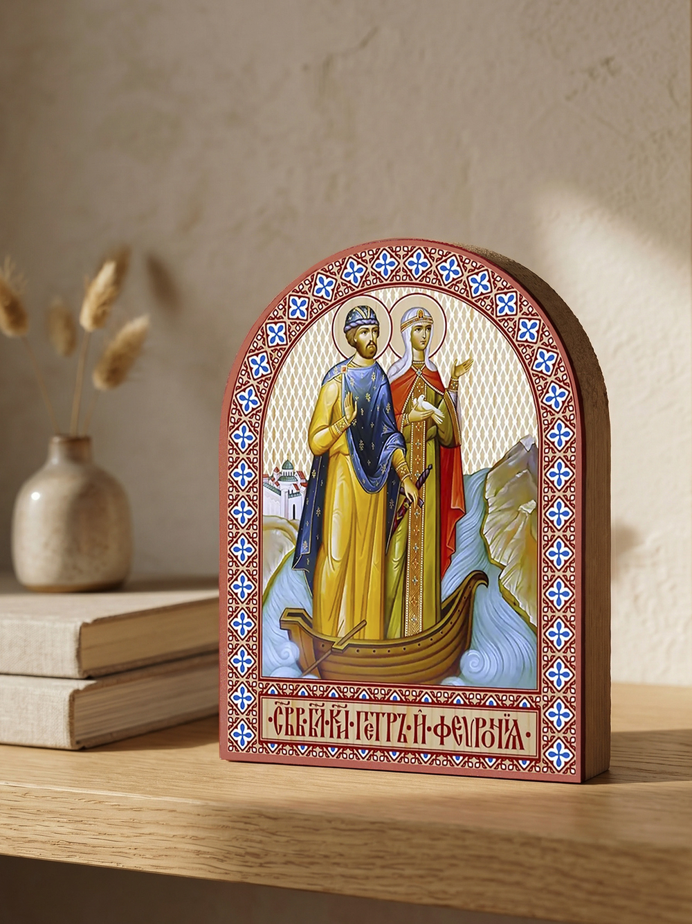 Икона аркой Петр и Феврония (в ладье), блг.князья на дереве: 95 х 120 (Синопсисъ)