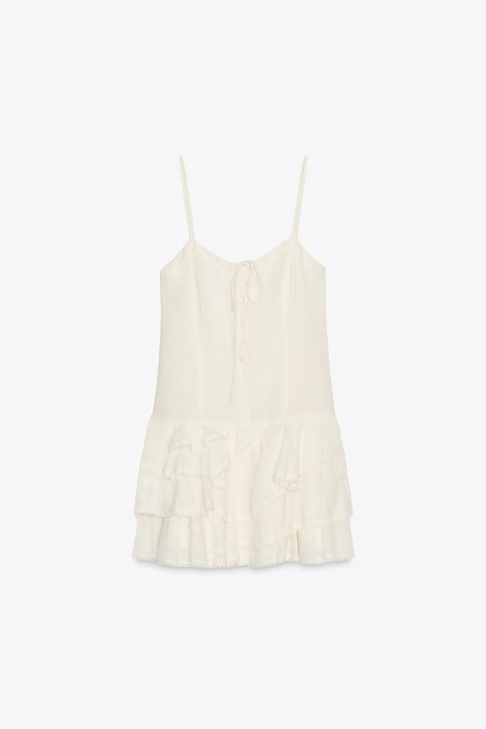 ZARA КОРОТКОЕ ПЛАТЬЕ С ВОЛАНАМИ, ЭКРЮ