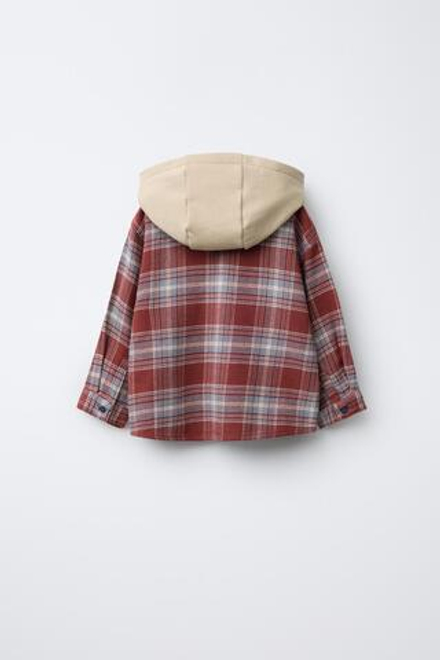 ZARA КУРТКА-РУБАШКА В КЛЕТКУ С КОНТРАСТНЫМ КАПЮШОНОМ ИЗ МЯГКОЙ ТКАНИ, ГРАНАТОВЫЙ