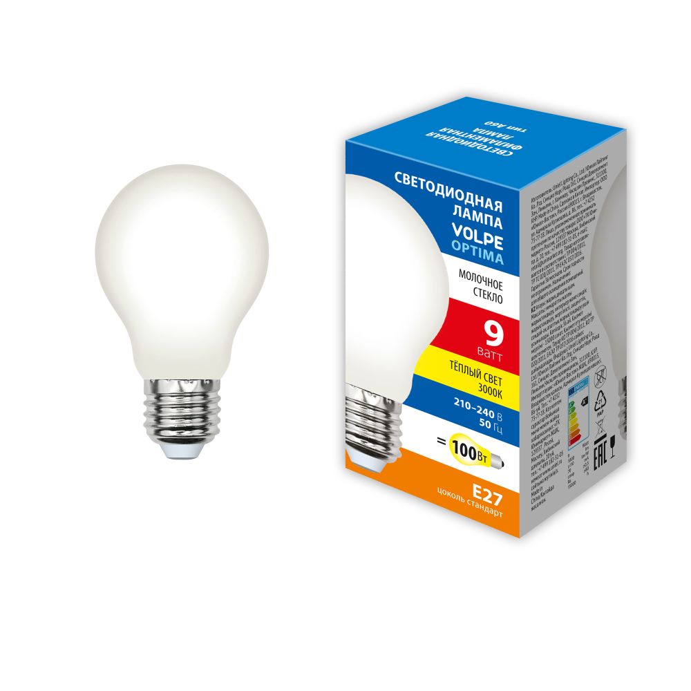 LED-A60-9W-3000K-E27-FR-SLF Лампа светодиодная. Форма A. матовая. Теплый белый свет 3000K. ТМ Volpe