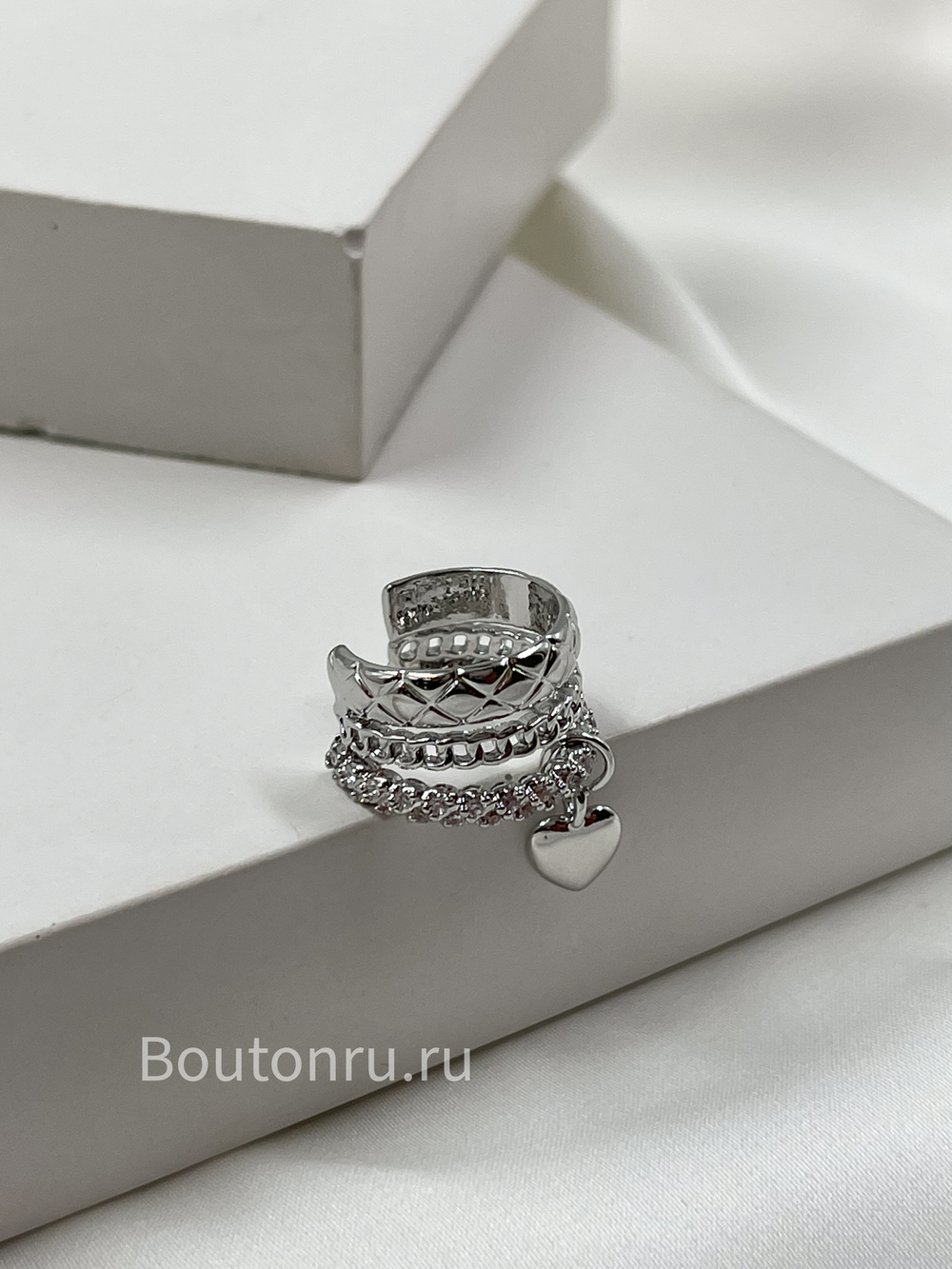 Кафф тройной с сердцем серебристый