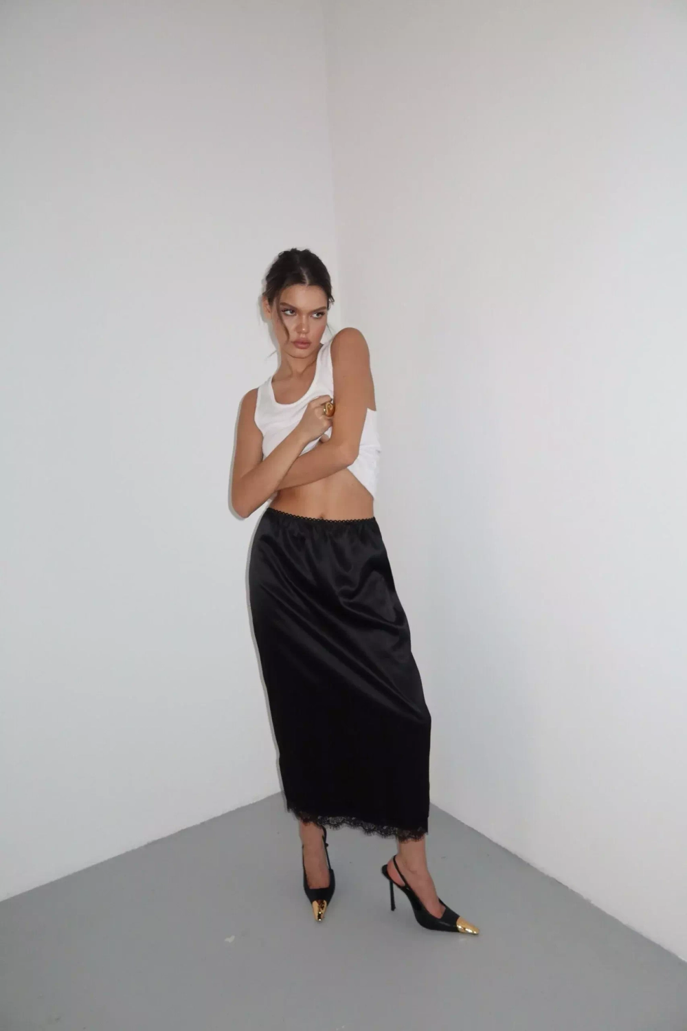 Юбка макси с кружевом, Черная