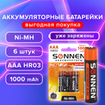 Батарейки аккумуляторные Ni-Mh мизинчиковые комплект 6 шт. AAA (HR03) 1000 mAh SONNEN