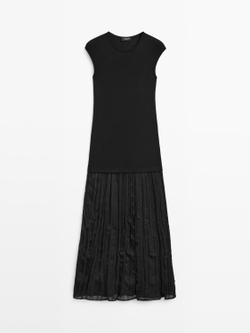 Massimo Dutti Длинное платье с контрастной отделкой и плиссировкой, черный