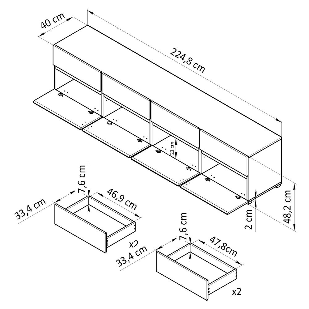 Тумба под телевизор 225х40х48, Лайн, напольная под ТВ, с ящиками и дверями, белый, Dipriz