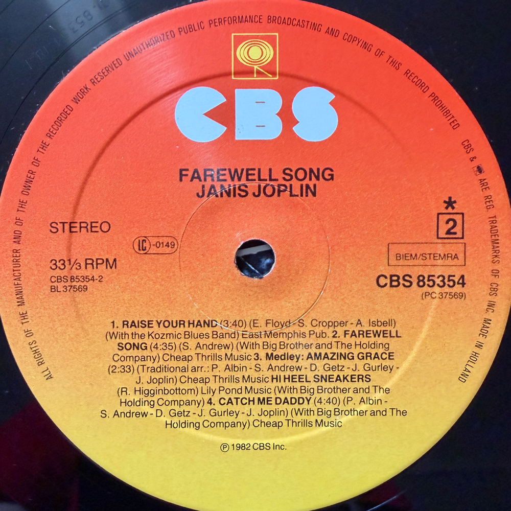 Janis Joplin ‎– Farewell Song (Голландия 1982г.) Т