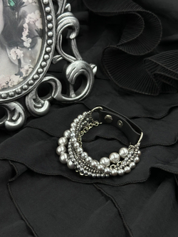 Браслет "Glam" из серого жемчуга, венецианского стекла и гематита, застежка из натур. кожи