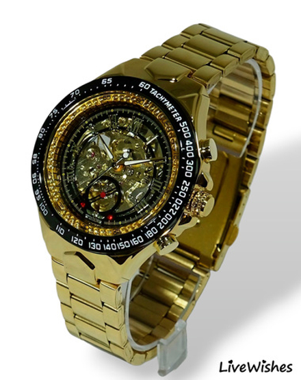 Часы наручные механические с автоподзаводом скелетоны FORSINING на металлическом браслете, золотистый W9010-01