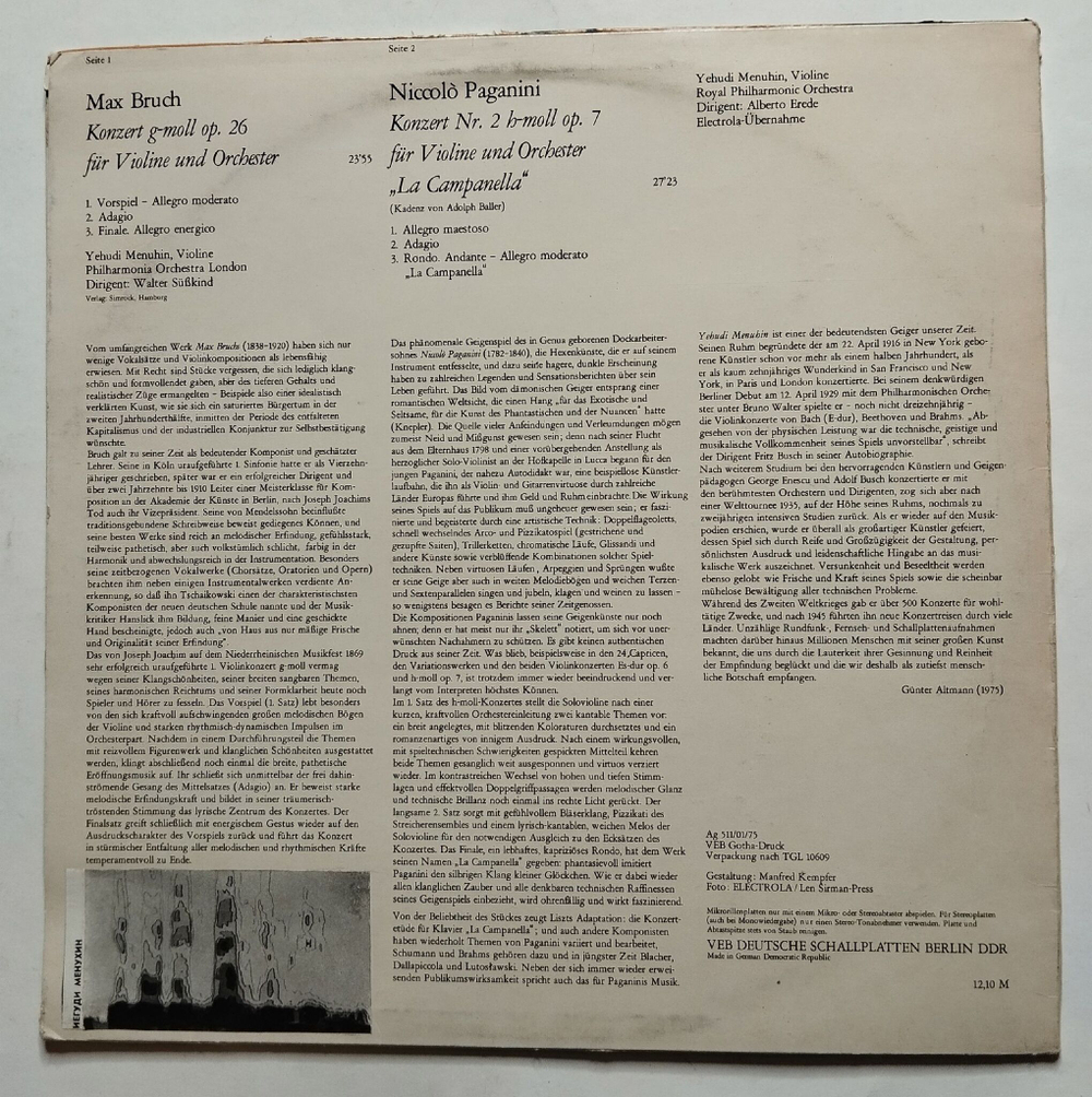 Винтажная виниловая пластинка LP Yehudi Menuhin Иегуди Менухин, Niccolo Paganini, Violinkonzert G moll Op. 26, Violinkonzert Nr. 2 H moll La Campanella (ГДР 1975)