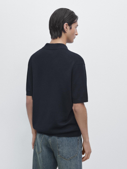 Massimo Dutti Трикотажный свитер из смесового хлопка с воротником-поло, темно-синий