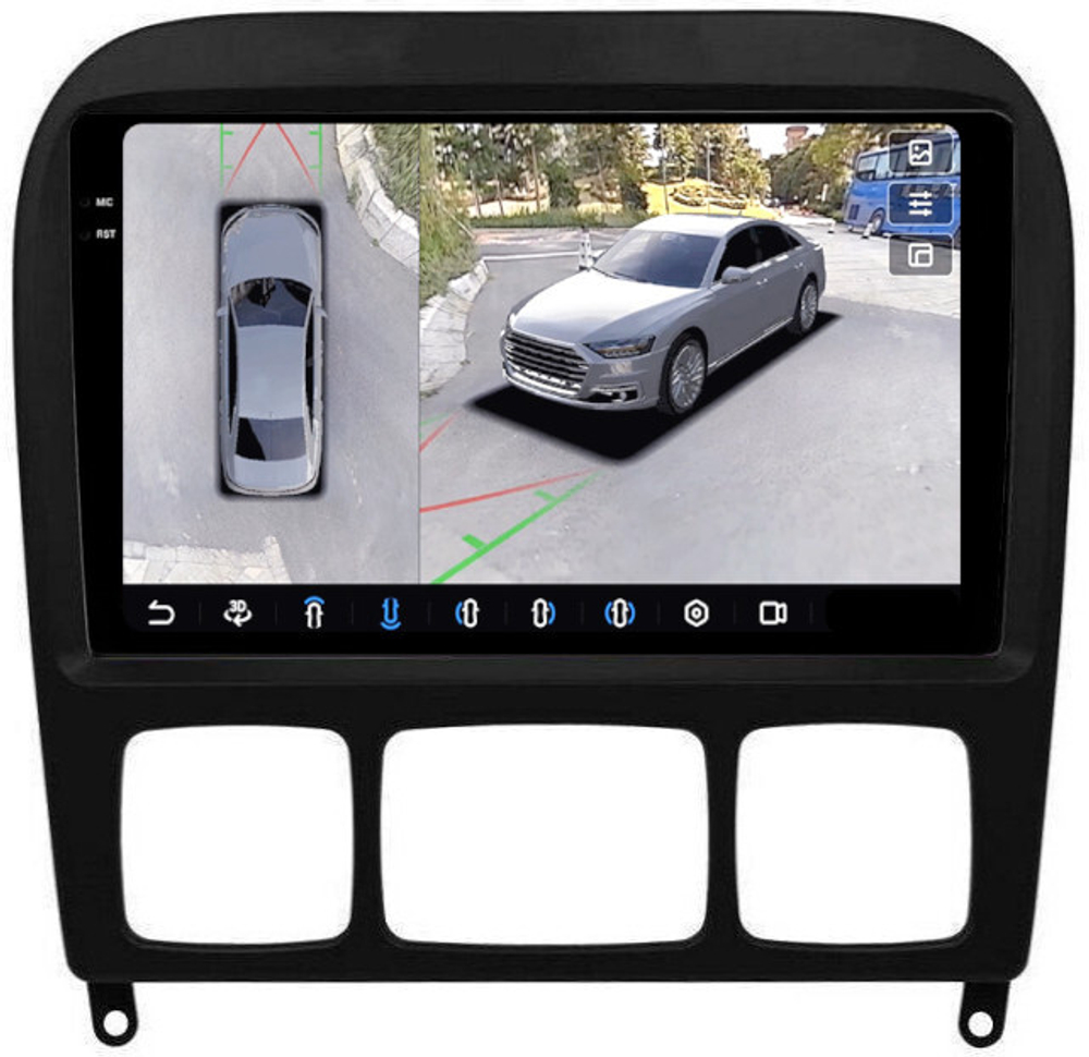 Магнитола для Mercedes-Benz S W220 1998-2005 (рамка черная) - FarCar BX220M-360 монитор 9.5" 2K QLED на Android 13, 6Гб+128Гб, CarPlay, 4G SIM-слот, 4 камеры в комплекте