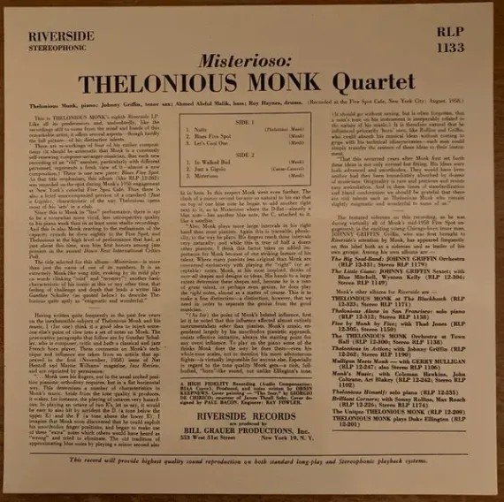 Thelonious Monk Quartet – Misterioso (Analogue) LP