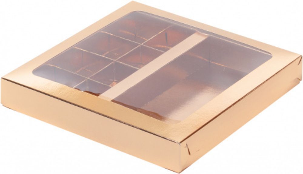 Коробка с пласт.крышкой для конфет 200*200*30 мм (8) и шоколадной плитки (ЗОЛОТО)