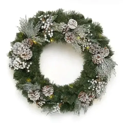 Рождественский венок Элитный с серебряным декором 60 см., 30 теплых-белых Led ламп, Литая хвоя+ПВХ, ЕлкиТорг (52099)