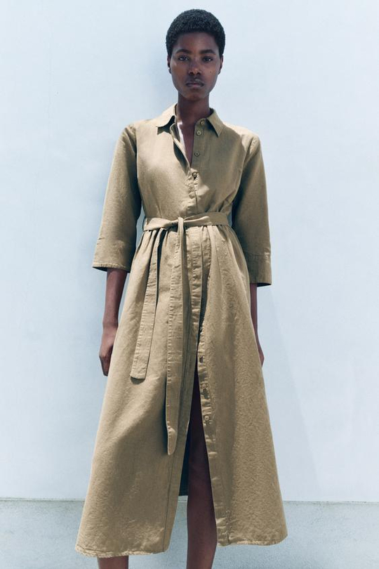 ZARA ПЛАТЬЕ МИДИ ИЗ СМЕСОВОГО ЛЬНА — ZW COLLECTION, ЗЕЛЕНОВАТЫЙ