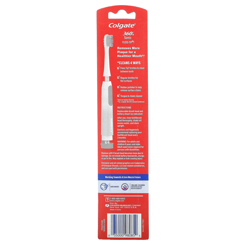 Colgate, 360 Sonic Floss-Tip, зубная щетка на батарейках, 1 зубная щетка
