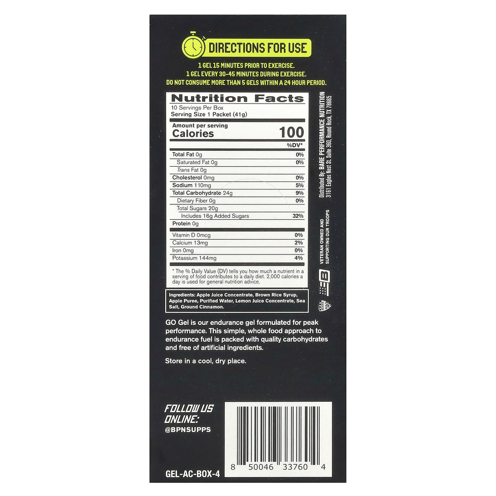 BPN, Go Gel, Endurance гель, яблоко и корица, 10 пакетиков по 41 г (1,45 унции)