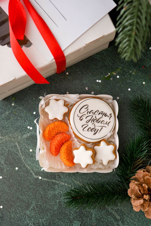 Три мини пряника снежинки, круглый пряник 5см, три шоколадные дольки мандарина