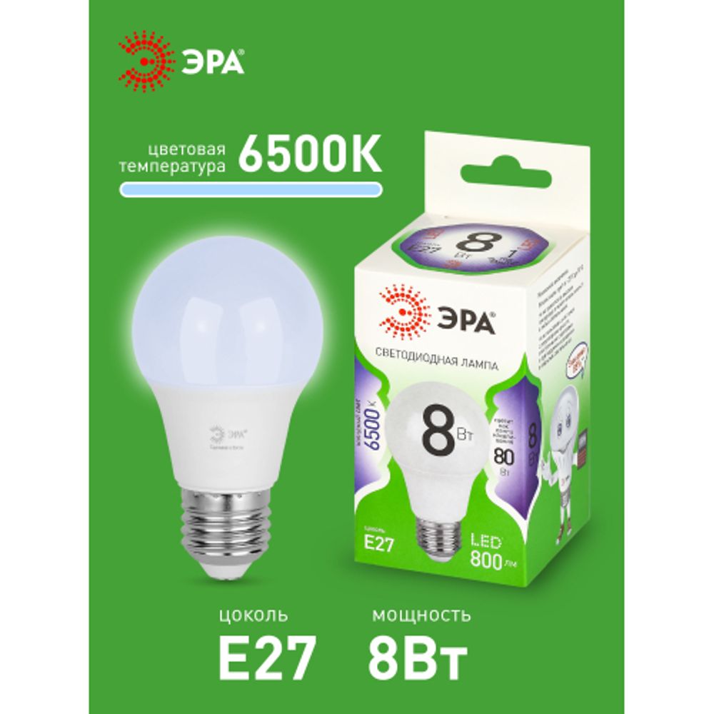 Лампа светодиодная ЭРА GREEN LINE LED A60-8W-865-E27 GL 8Вт груша холодный свет E27 | Лампы cветодиодные Груша (A)