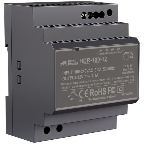 Источник питания PROMPOWER HDR-100-12, H:H12 В DC, 7.1А, 85.2Вт. Вх. 85-264В AC (120-370 В DC)