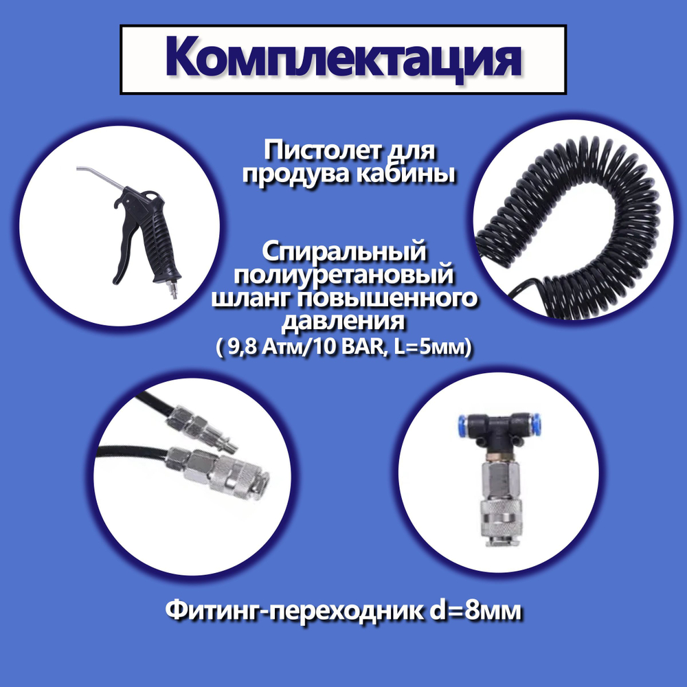 Набор для продува кабины d-8мм с быстросъемом. Шланг продувочный для кабины с фитингом 8мм
