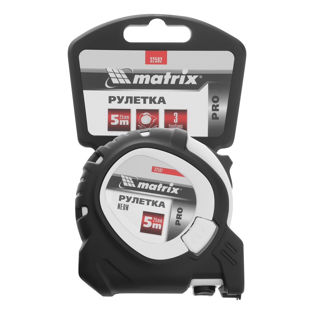 Рулетка Neon,5 м x 25 мм,обрезиненный корпус,3 фиксации,Pro Matrix
